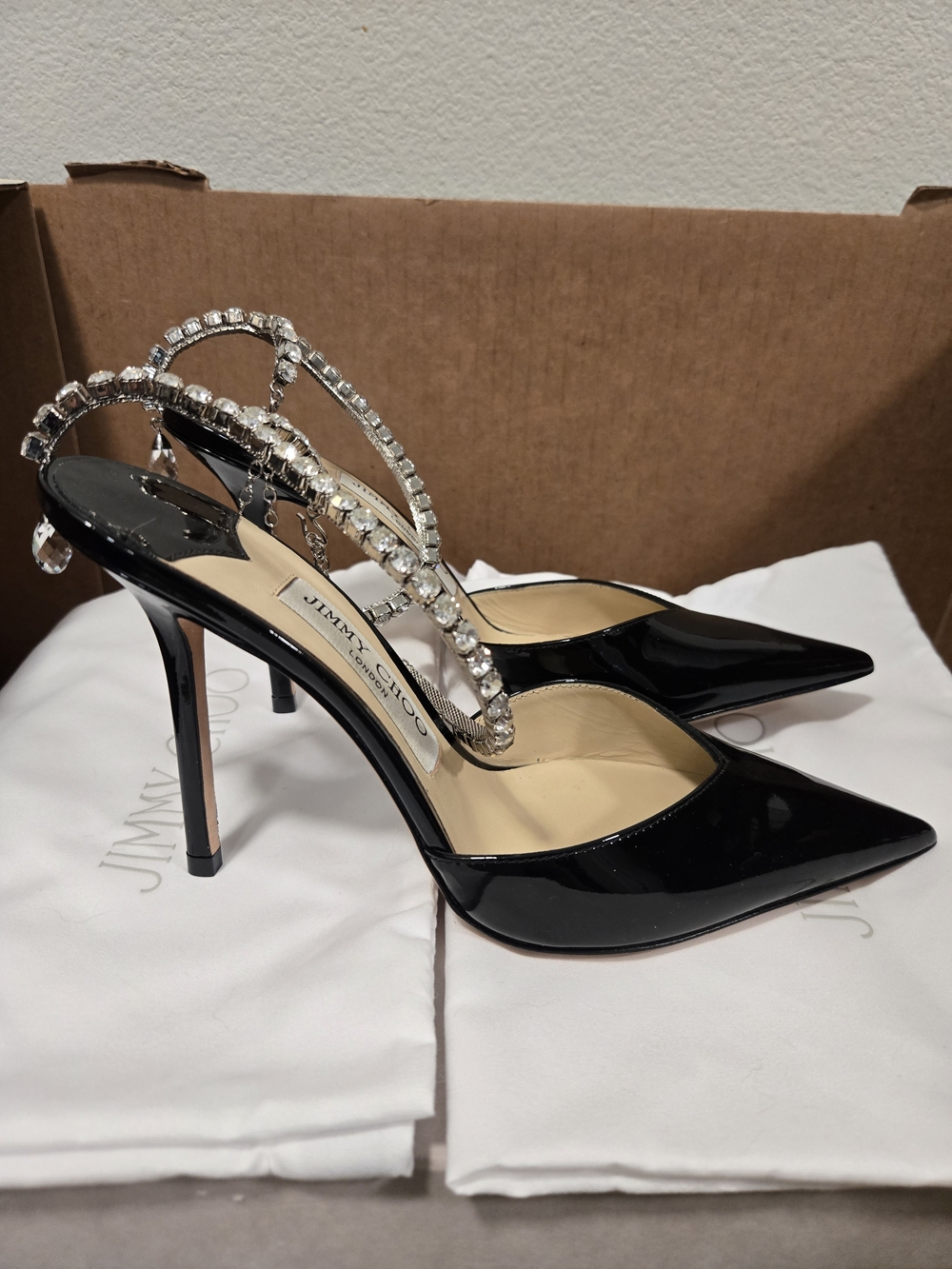 Jimmy Choo Saeda Black Patent Pointed Toe Slingback Pumps Size 37.5 - Picture 2 of 9
